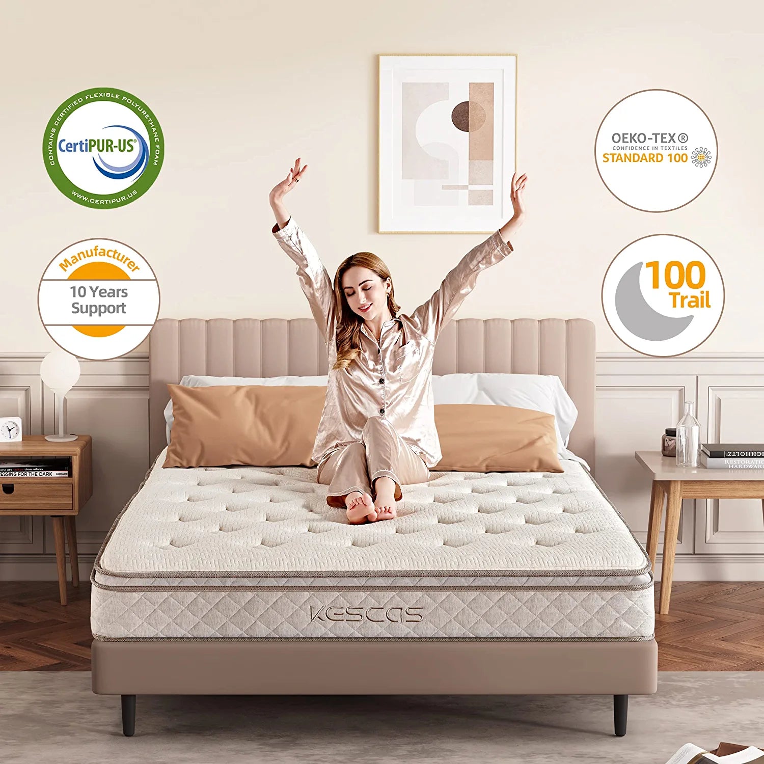 Size Hybrid Mattress, Kescas 10 inch Euro Top Linen Cover Innerspring Mattress in a Box, with CertiPUR-US Certified Memory Foam, Plush Yet Supportive