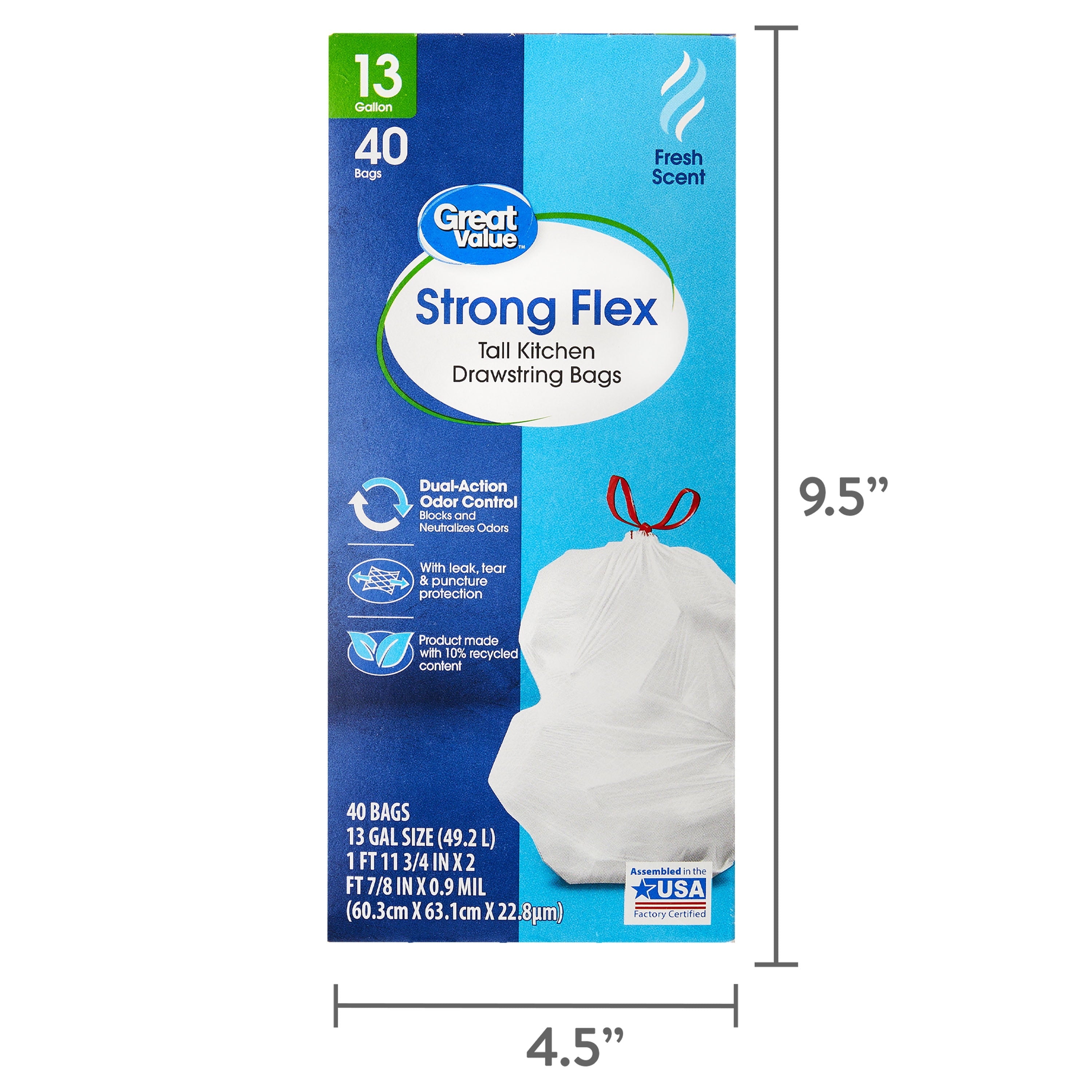 Great Value 13-Gallon White Strong Flex Drawstring Tall Kitchen Garbage Bags, Fresh Scent, 40 Bags