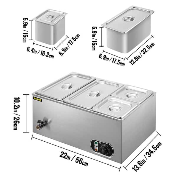 6 in. Deep Commercial Food Warmer 2x1/3GN and 2x1/6GN 4-Pan Stainless Steel Bain Marie 14.8 Qt. Capacity, 1500W