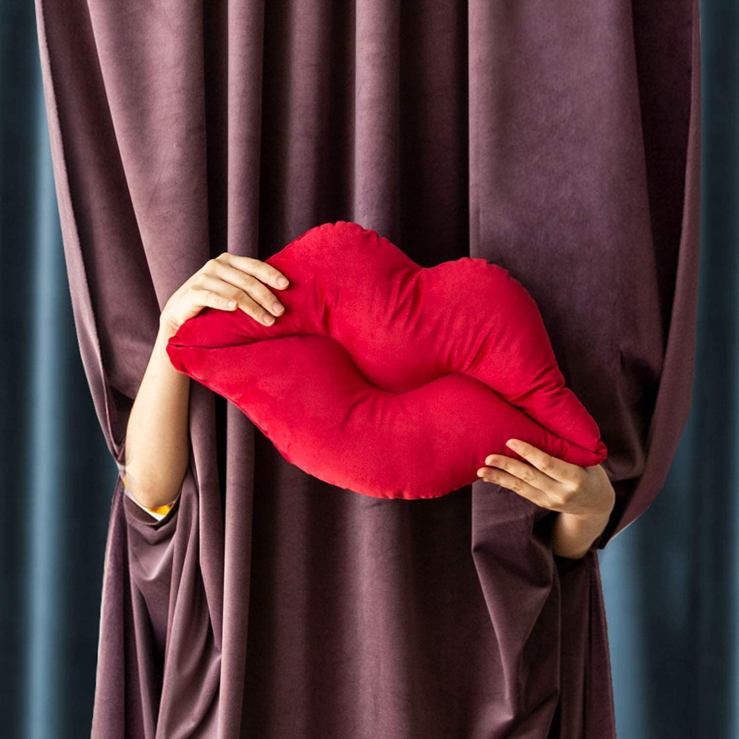 3D Lips Soft Velvet Cushion Throw Pillows for Couch Bed Living Room, Insert Included, Dark Red, 20 X 11 inches