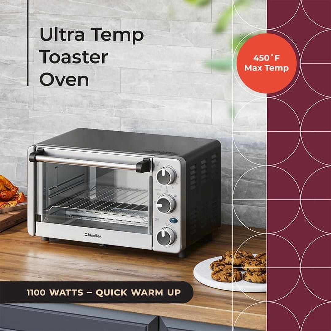 Mueller Toaster Oven with 30 Minute Timer - Toast - Bake - Broiler Settings, Stainless Steel, Natural Convection, Fits 9 inch Pizza, 4 Slice Toaster, 1100 W