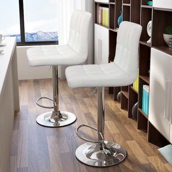 33 in. - 44 in. Height White Low Back Metal Adjustable Bar Stool with PU Leather-Seat 360° Swivel (Set of 2)