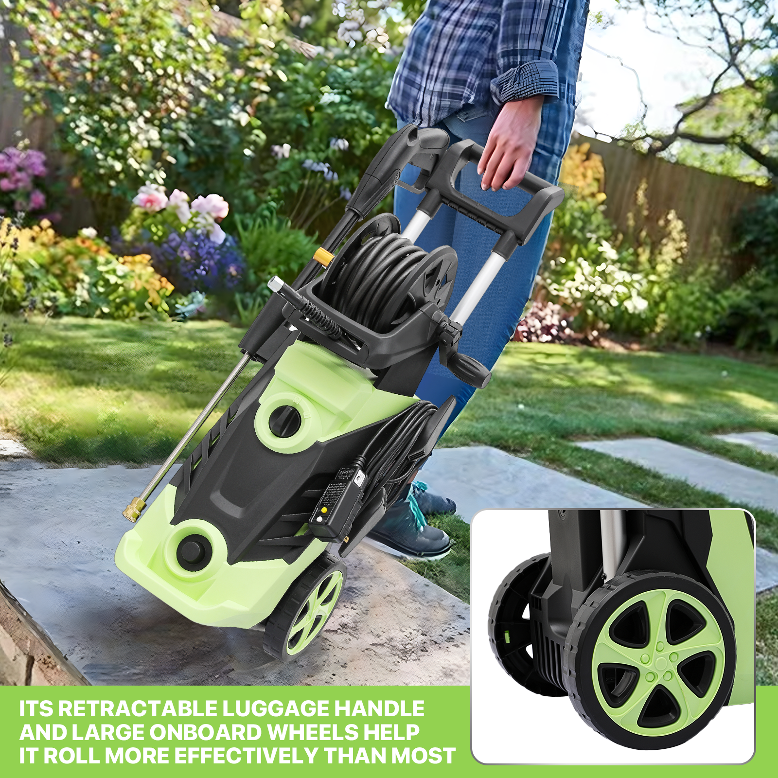 Magshion Electric Pressure Washer, 2180 PSI, Max. 1.5 GPM Power Washer with 19.5 ft Hose, 4 Nozzles, Foam Cannon and Hose Reel, for Patios Cars Fences Driveways, Green