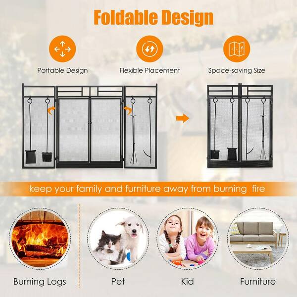 Black Wrought Iron 3-Panel Fireplace Screen with Doors and 4-Pieces Tools Set