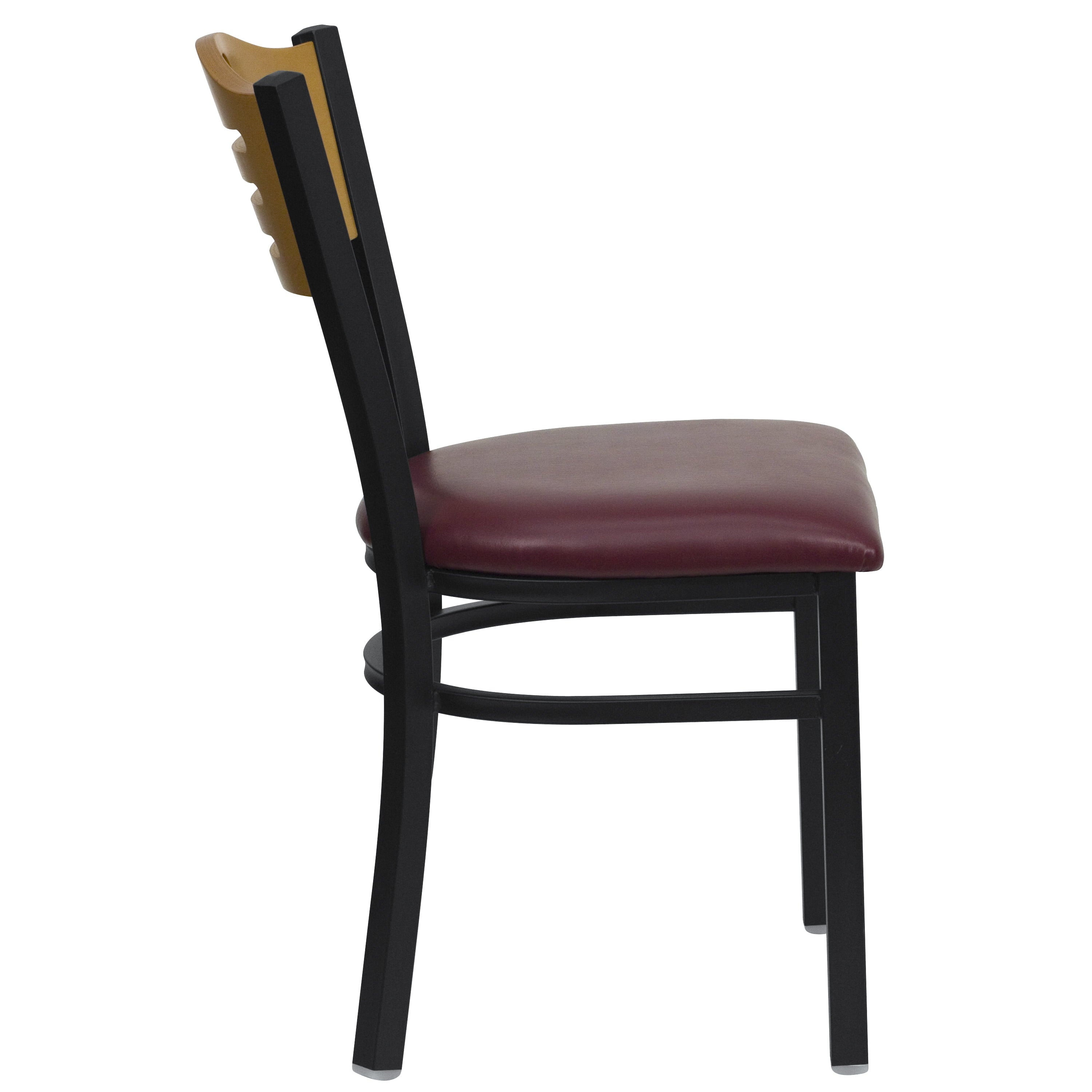 BizChair Black Slat Back Metal Restaurant Chair - Natural Wood Back, Burgundy Vinyl Seat