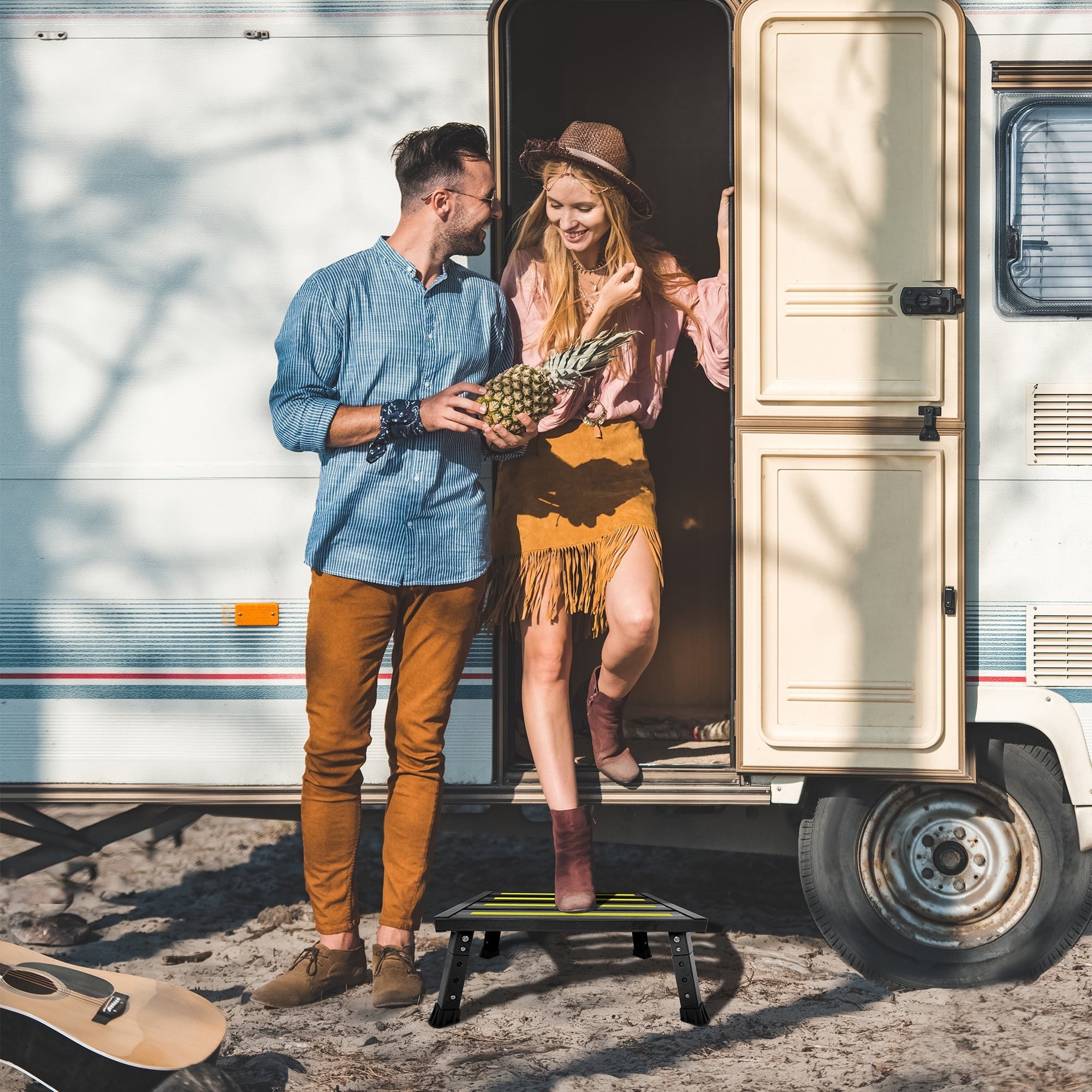 GanFindX Adjustable Height Aluminum RV Steps Stool Supports Up to 1,000 lb with Non-Slip Rubber Feet and Platform Mat, Black