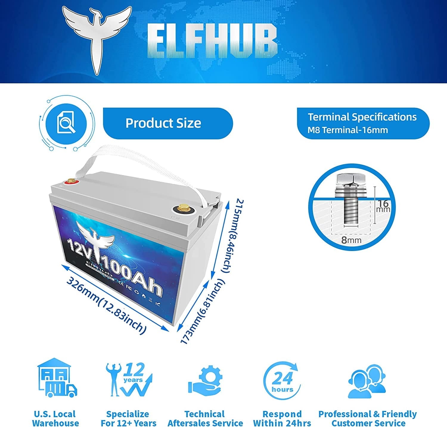 Elfhub 12V 100Ah Lithium Battery, 1280Wh LiFePO4 Battery with 100A BMS, Over 5000+ Rechargeable Cycles. Perfect for RV/Camper, Solar, Off-Grid, Boat, Marine, Trolling Motor, Road-Trip.Support 4S/8P