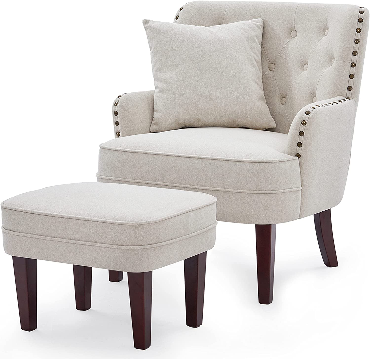 GERICCO Accent Chair with Ottoman Set, Club Armchair Indoor, Comfy Reading Chair and Ottoman for Bedroom Living Room, with Bronzer Nail Head Trim Wooden Legs(Beige)