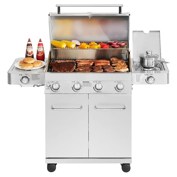 4-Burner Propane Gas Grill in Stainless with LED Controls, Side and Side Sear Burners
