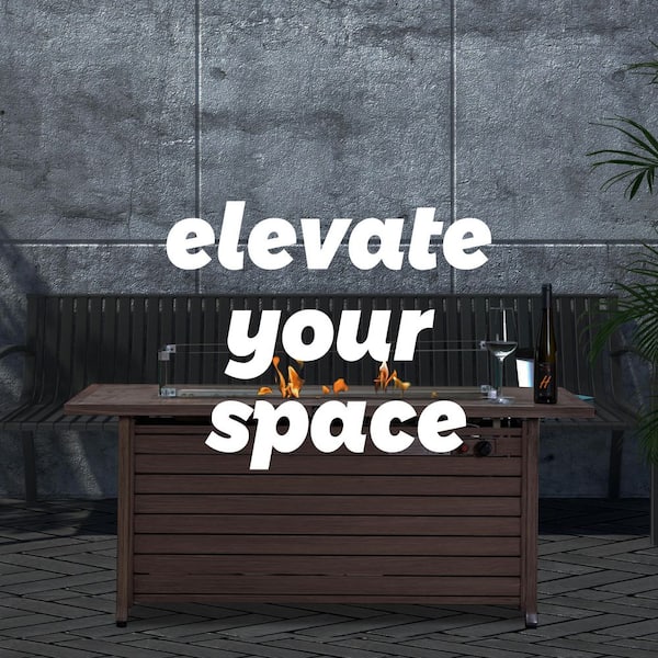 57 in. Aluminum Rectangular Fire Table with Glass Wind Guard, Nature Wood Coating