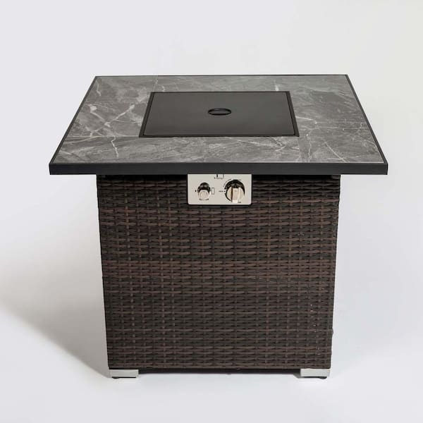 Espresso Wicker 30 in. Outdoor Fire Table Propane Gas Fire Pit Table with Glass Rocks and Rain Cover