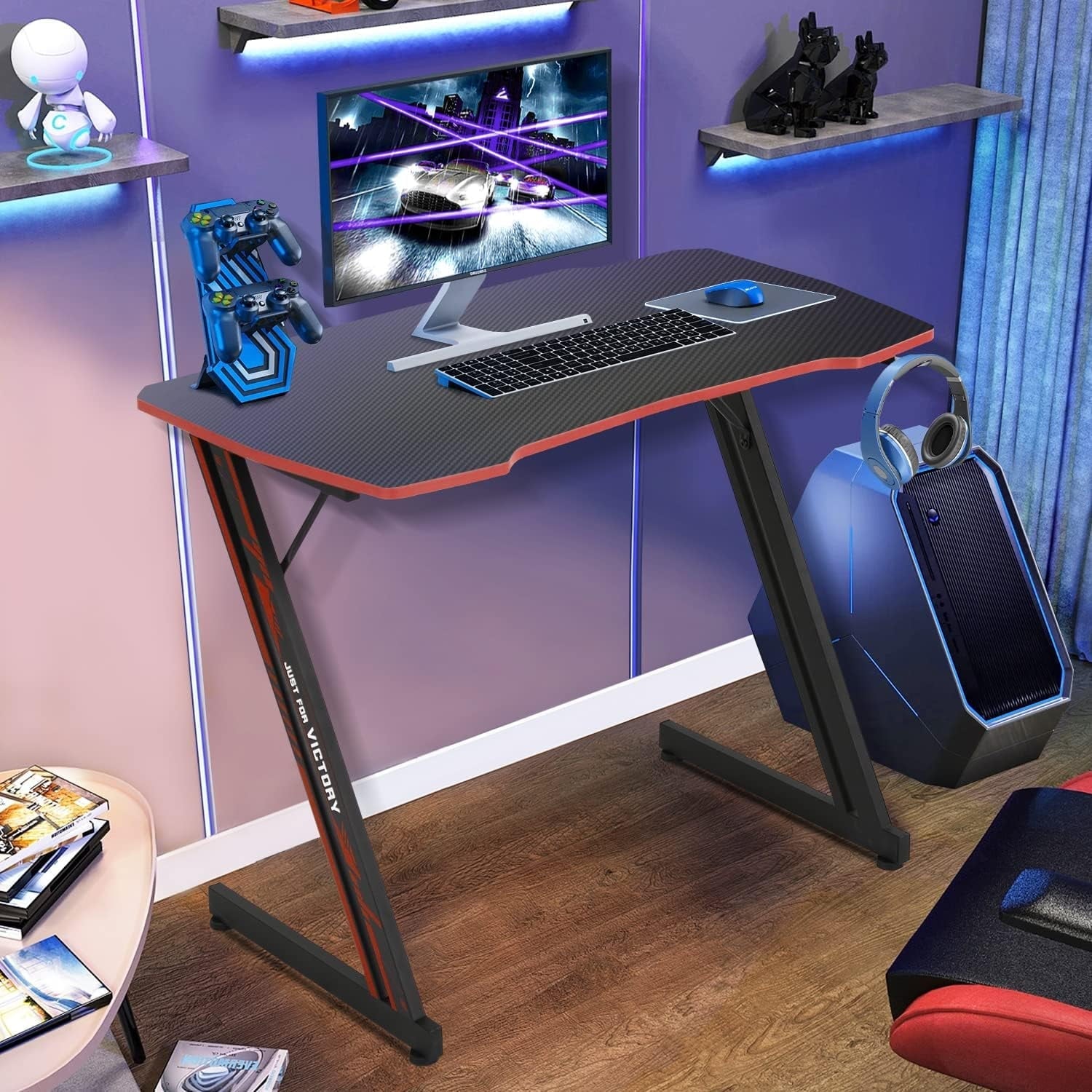 Dkelincs 39.4 inch Gaming Desk Z Shaped Computer Desk Adjustable feet PC Computer Game Table with Carbon Fiber Surface, Cup Holder & Headphone Hook, Red