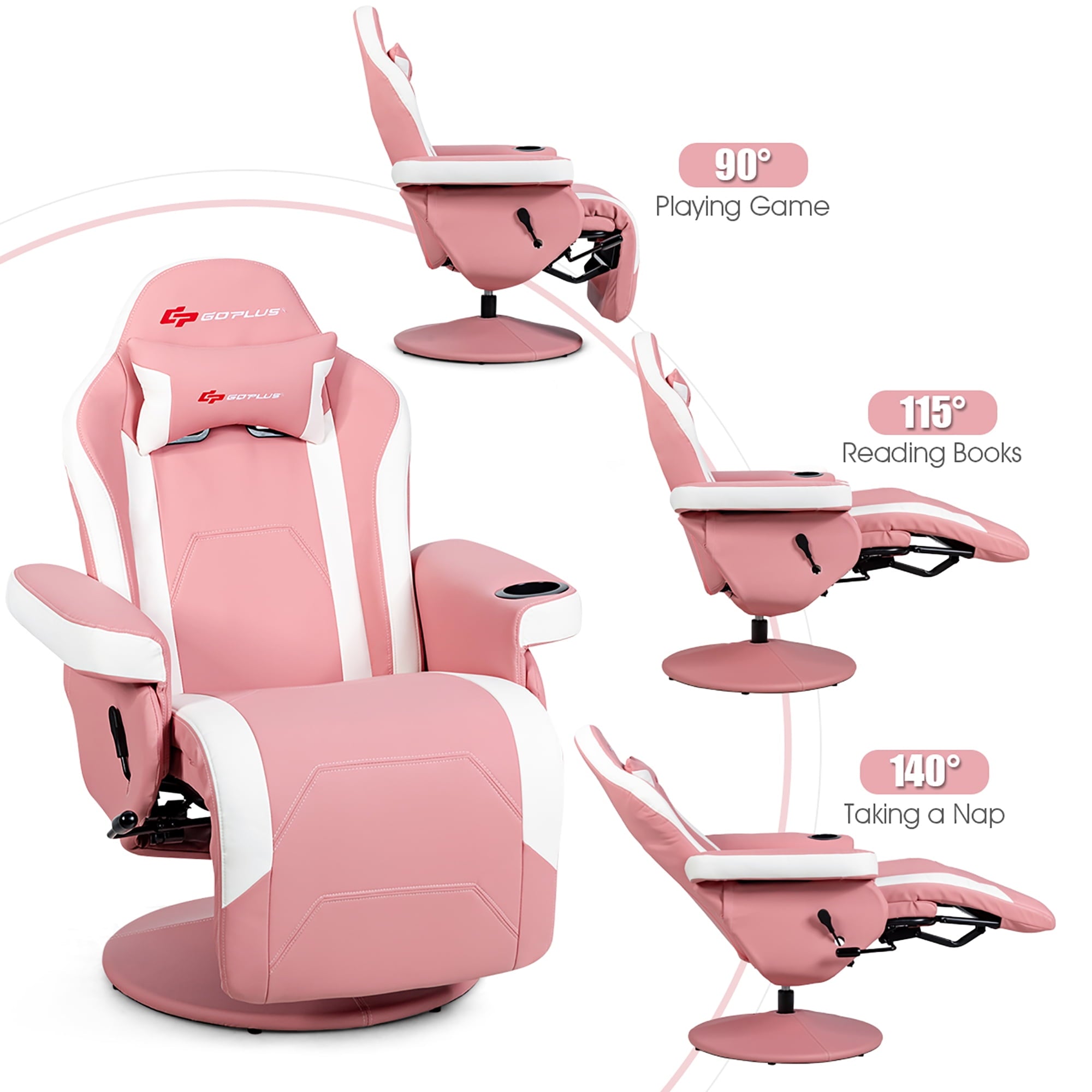 Goplus Massage Gaming Recliner Reclining Racing Chair Swivel w/Cup Holder & Pillow Pink