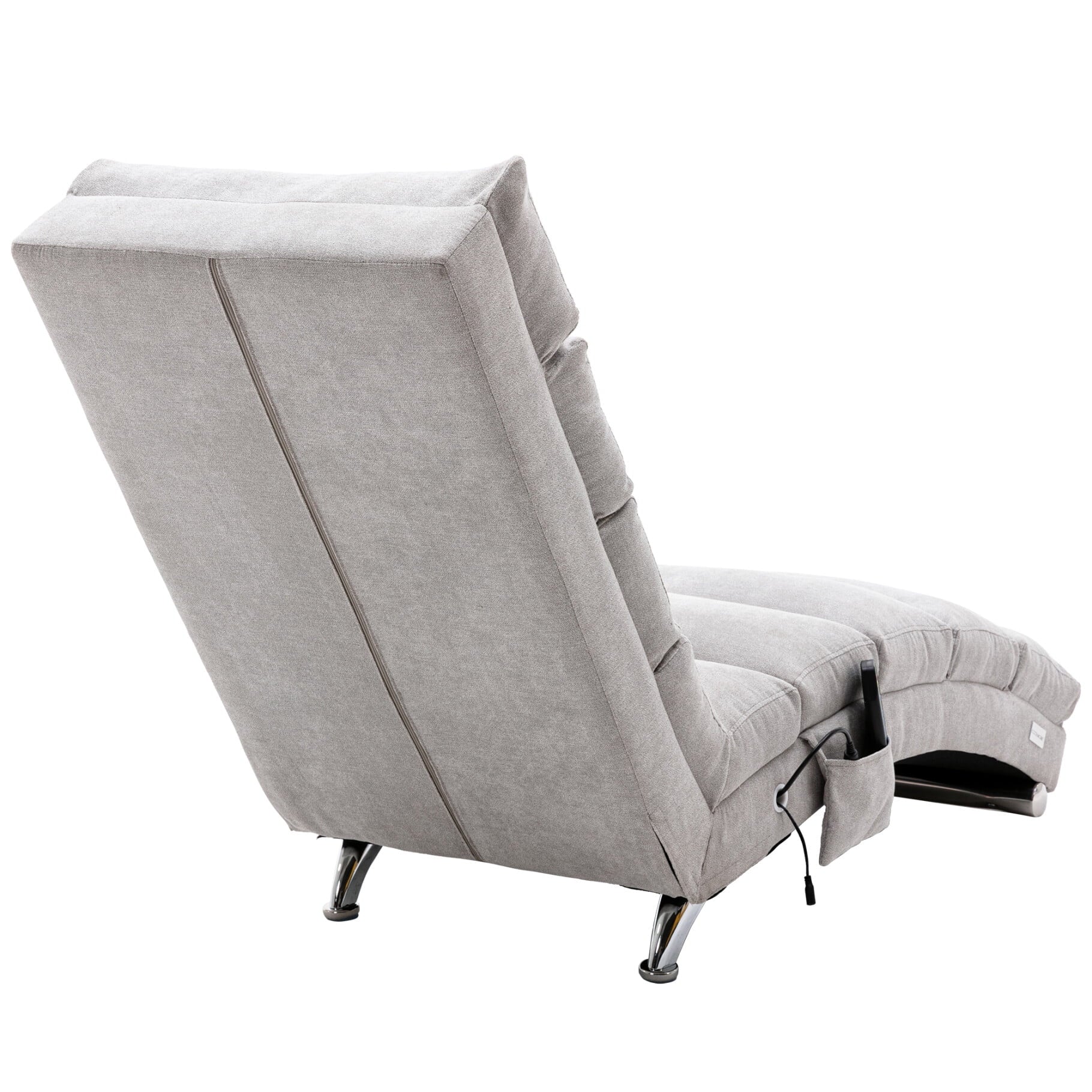 Power Massage Chaise Lounge Chair with 140° Backrest and Side Pocket, Long Lounger Armless Upholstered Chaise with Metal Legs for Office Living Room, Light Grey