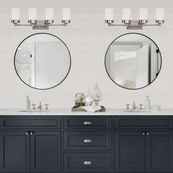Fusion 27.5 in. 4-Light Brushed Nickel Bathroom Vanity Light Fixture with Frosted Glass Shades