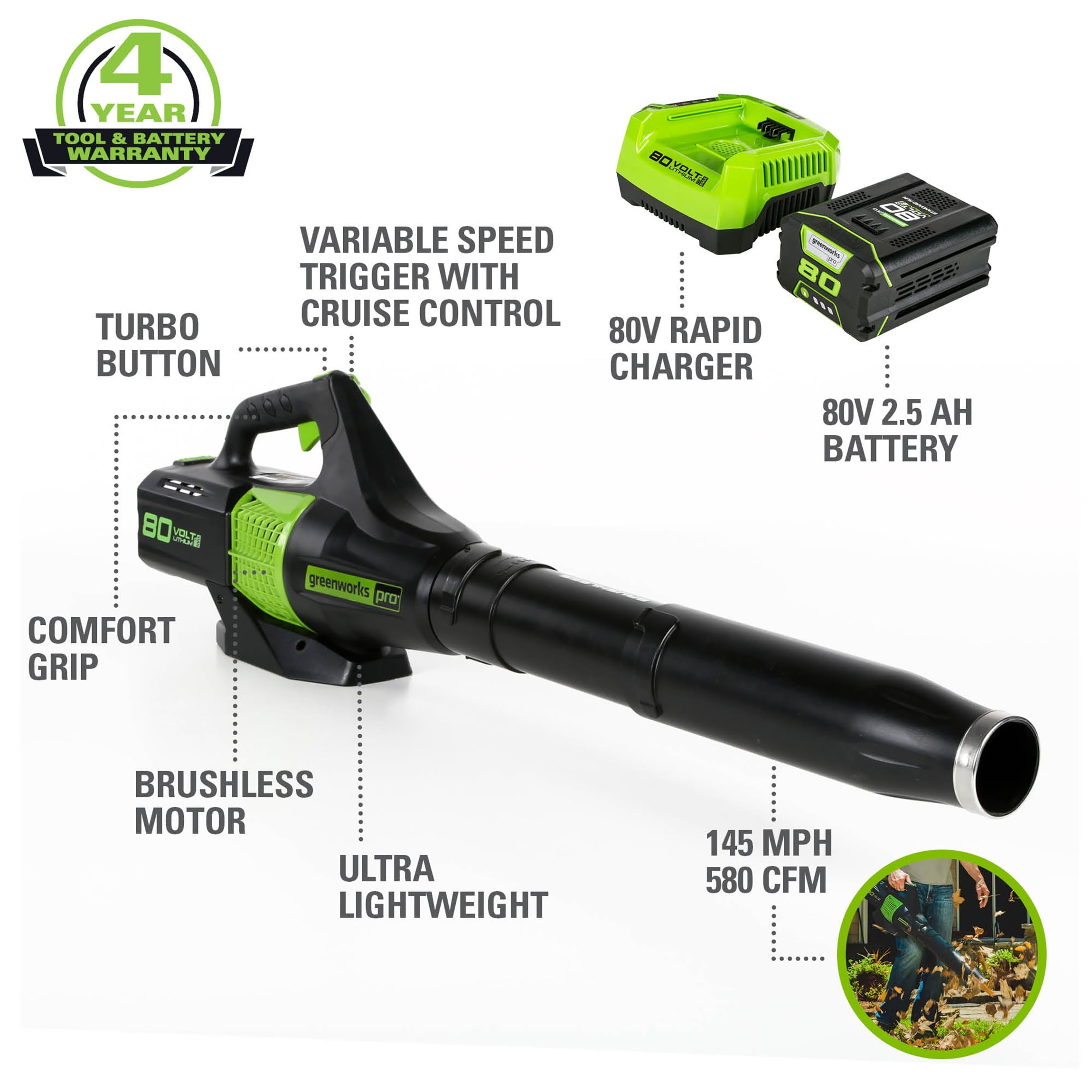 Greenworks PRO 80V Brushless Leaf Blower W/2.5 Ah Battery, 2404602