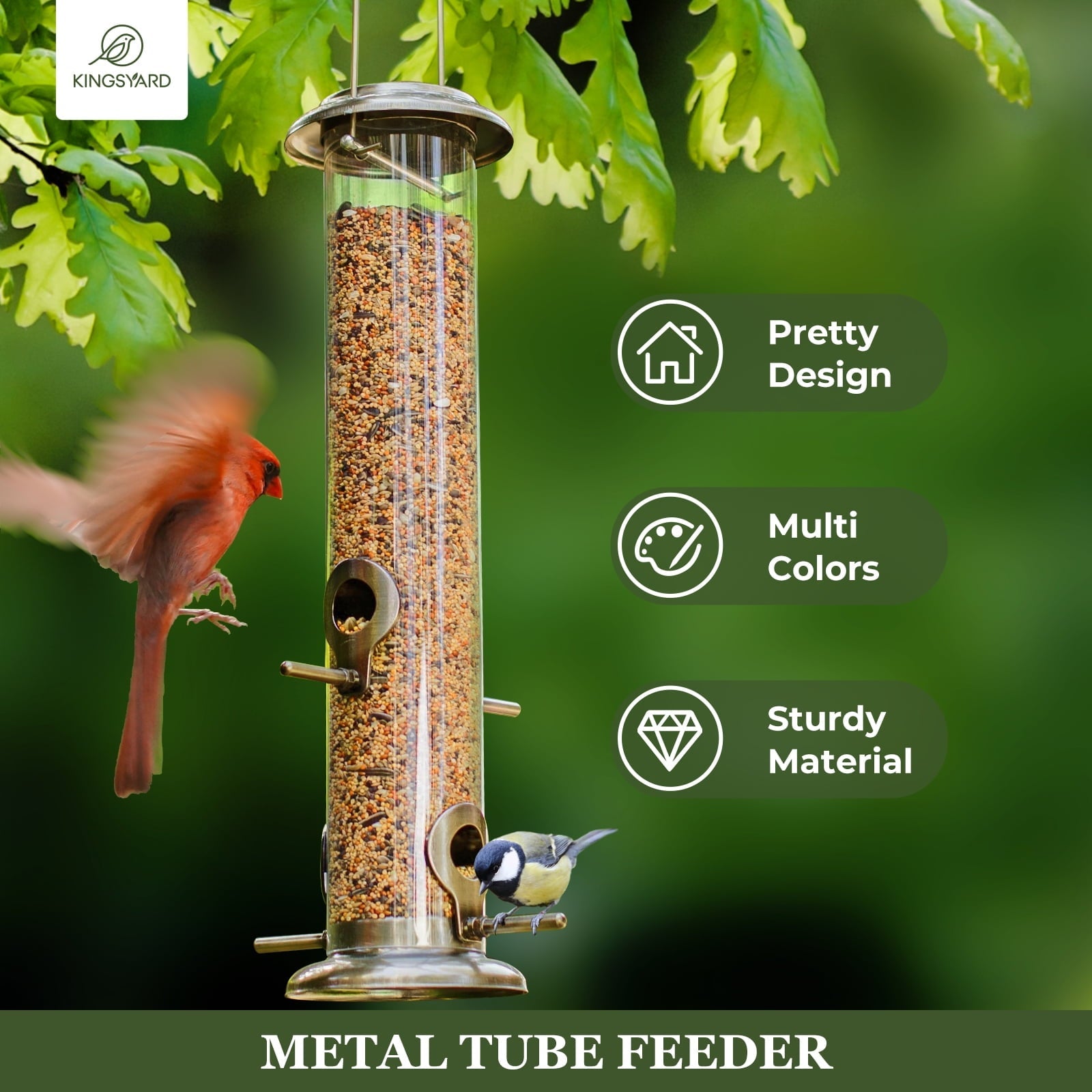 Kingsyard Metal Tube Bird Feeder for Outside Hanging 15 inch, 4-Port, Chew-Proof, Brushed Bronze