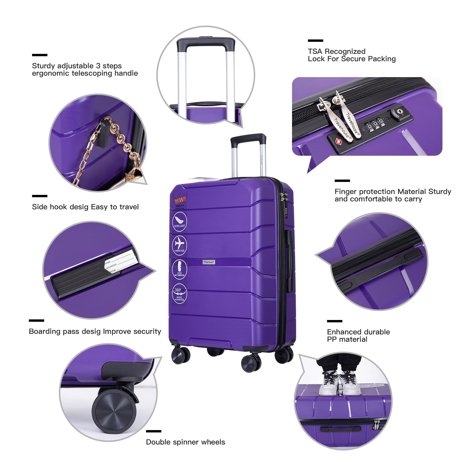 Tripcomp Hardshell Luggage Set,Carry-on,Lightweight Suitcase Set of 3Piece with Spinner Wheels,TSA Lock,20inch/24inch/28inch(Purple)