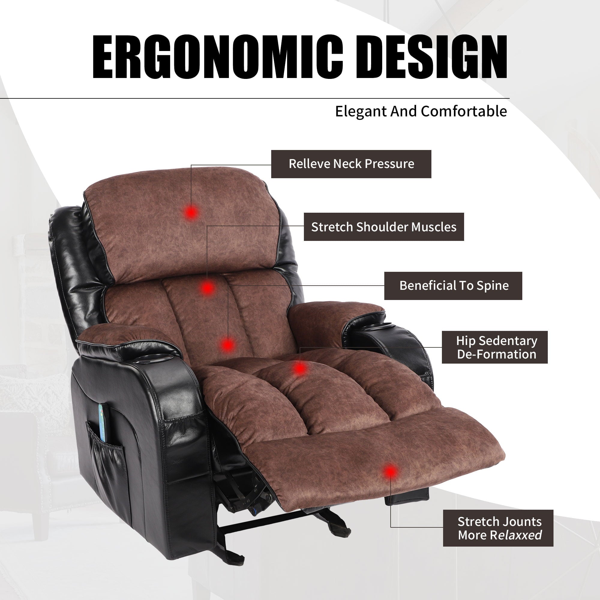 Leather Massage Recliner Chair, Modern Electric Power Rocker with Heated Massage, Ergonomic Lounge Chair, SEGMART Single Sofa Seat with Drink Holders for Living Room, Black and Brown