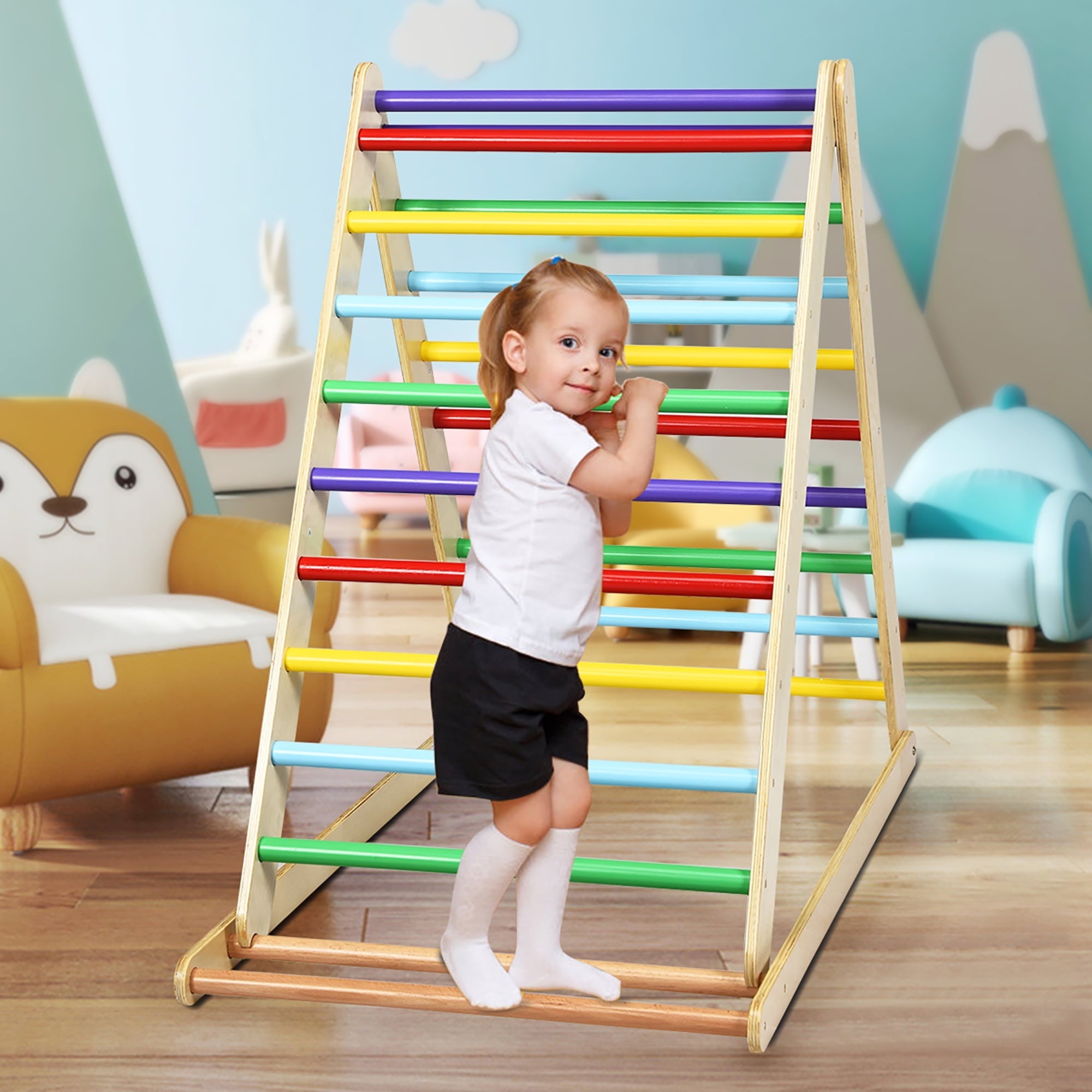 Costway Foldable Wooden Climbing Triangle Indoor Climber w/Ladder for Baby Toddler
