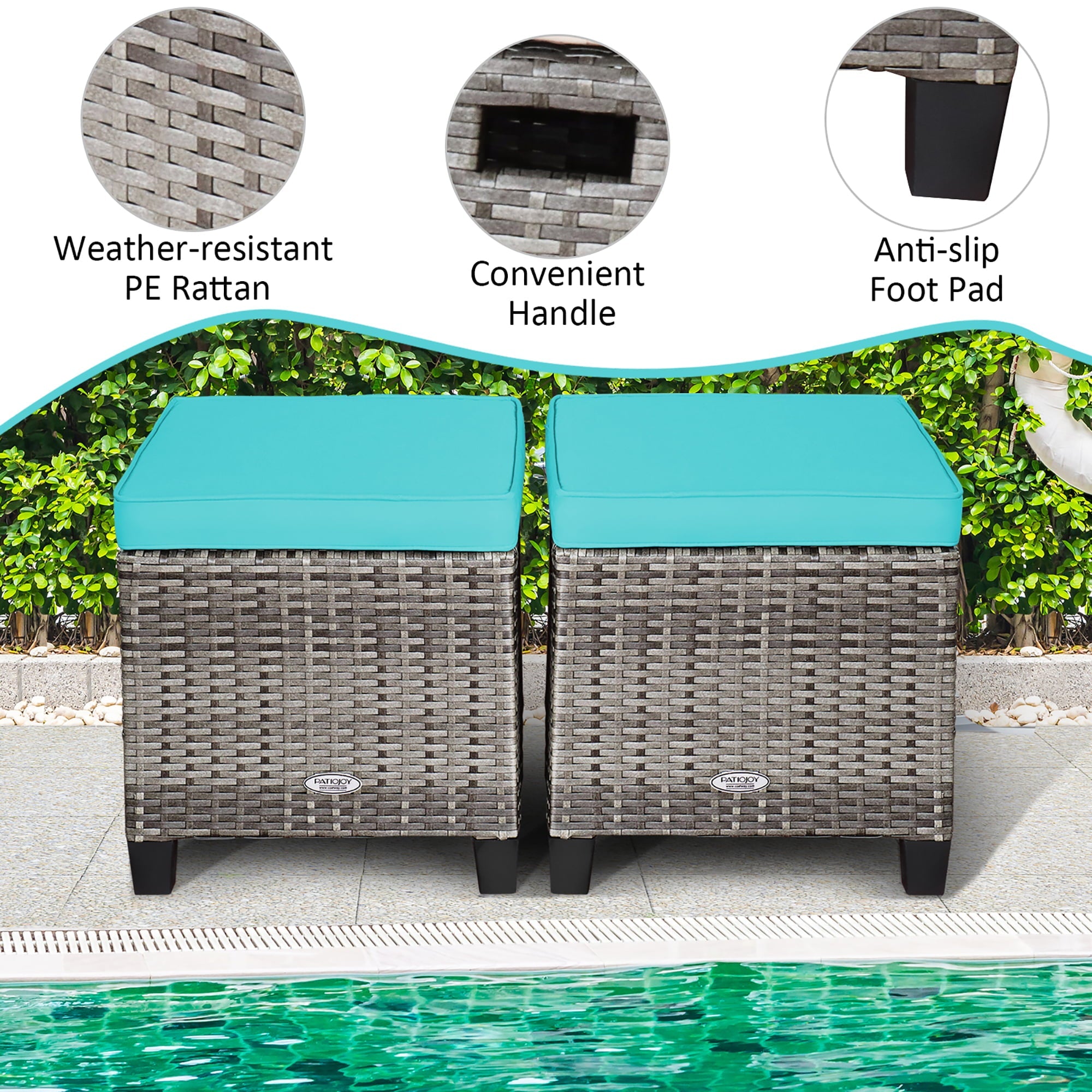 Costway 2PCS Patio Rattan Cushioned Ottoman Seat  Foot Rest TableTurquoise