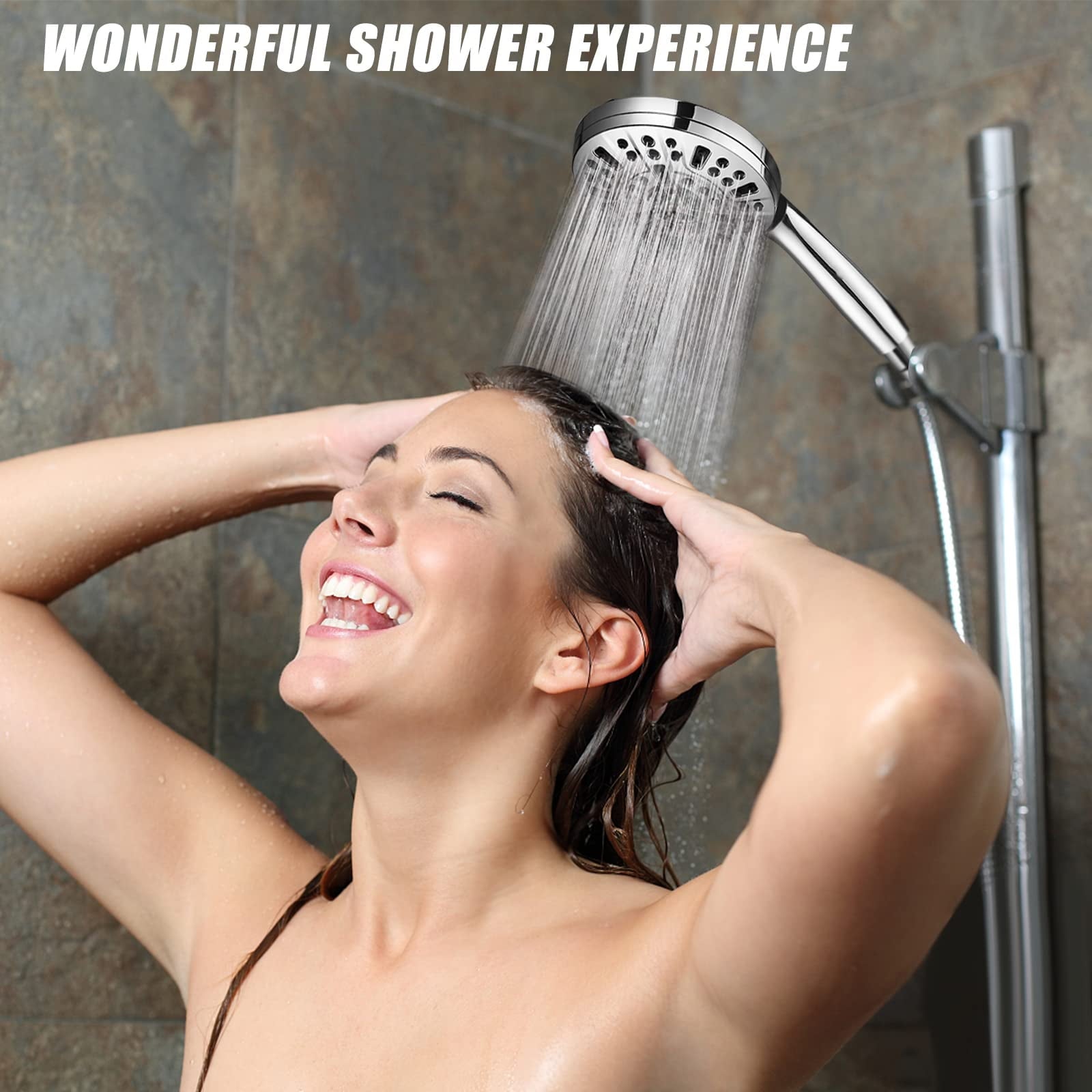 High Pressure Shower Head with Handheld, 10 Spray Settings Water Saving Shower Heads with Stainless Steel Hose,Detachable Brass Holder, Anti-clog Nozzle, 2-mode Power Wash