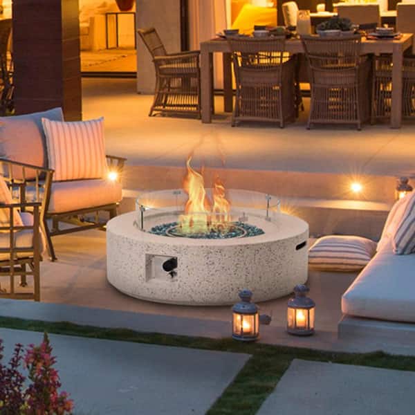 41 in. 50000 BTU Elegant White Round Composite GRFC Fire Pit Table with Glass Wind Guard and Water-Resistent Cover