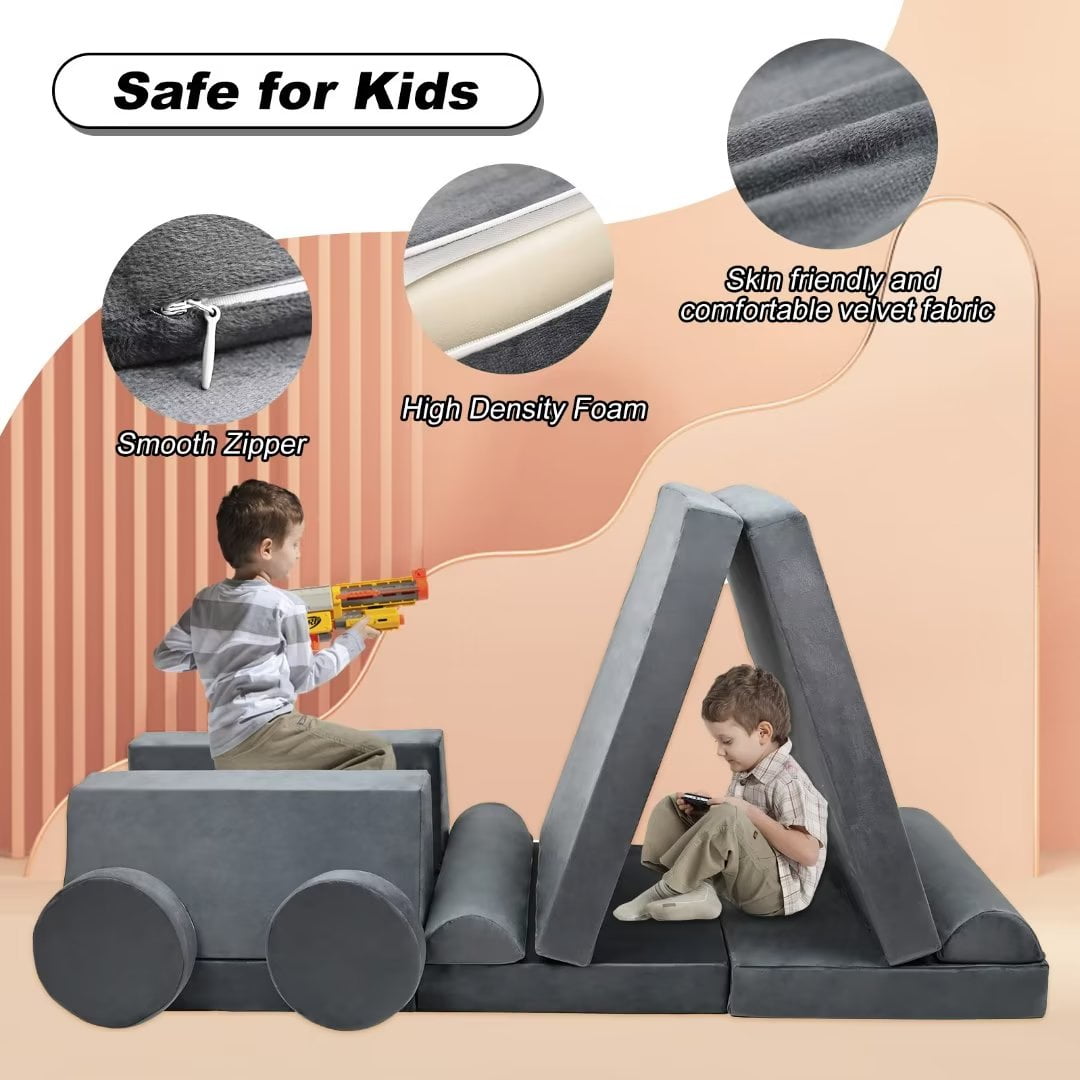 Docred Kids Sofa Couch 10PCS，Modular Sectional Sofa for Playroom，Creative Baby Foam Couch ,Gray