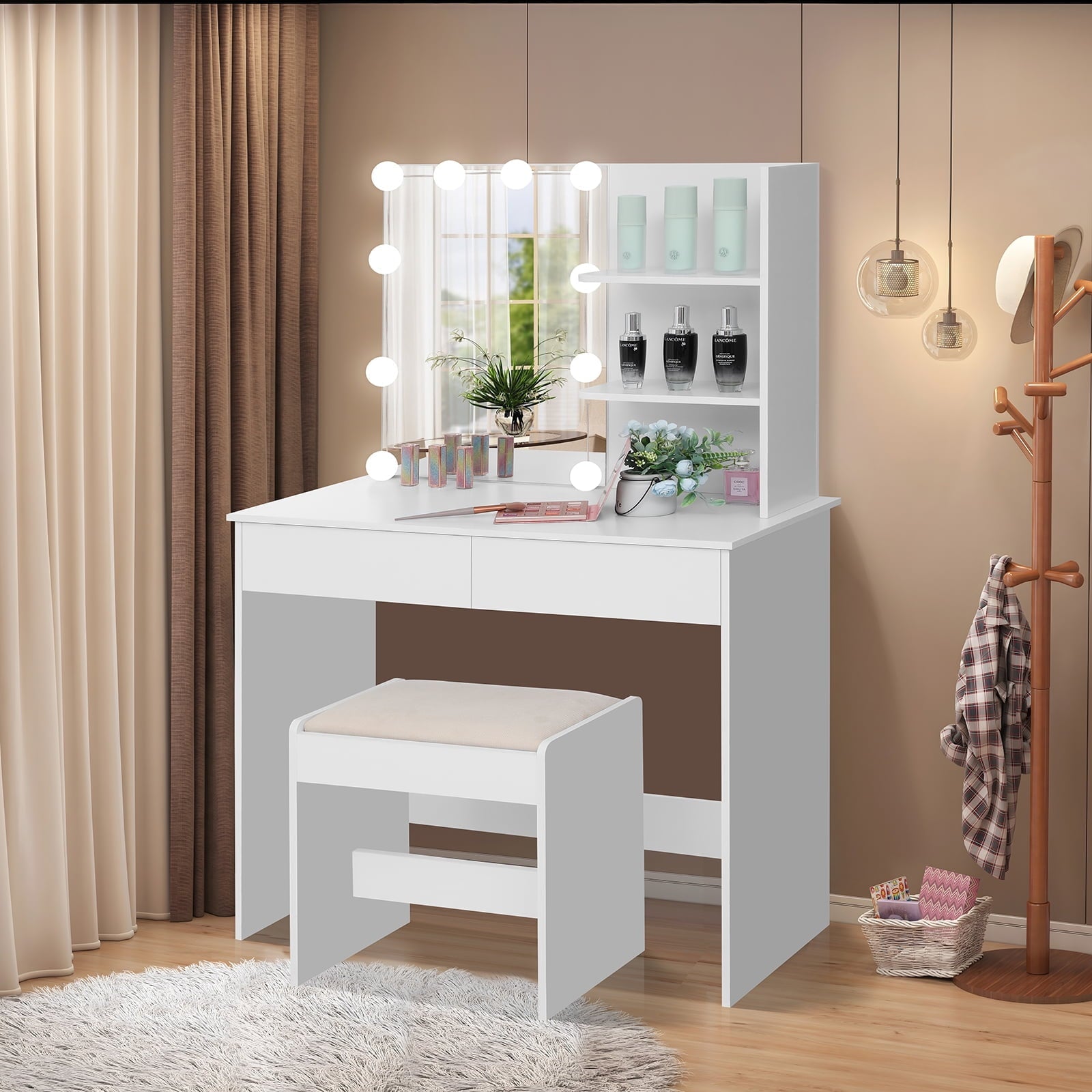 USIKEY Vanity Table Set for Gift with 10 Hollywood Style Lights, Dressing Vanity Table with 2 Long Shelves and 2 Big Drawers, Makeup Table with Cushioned Stool for Women, Girls, Bedroom, White