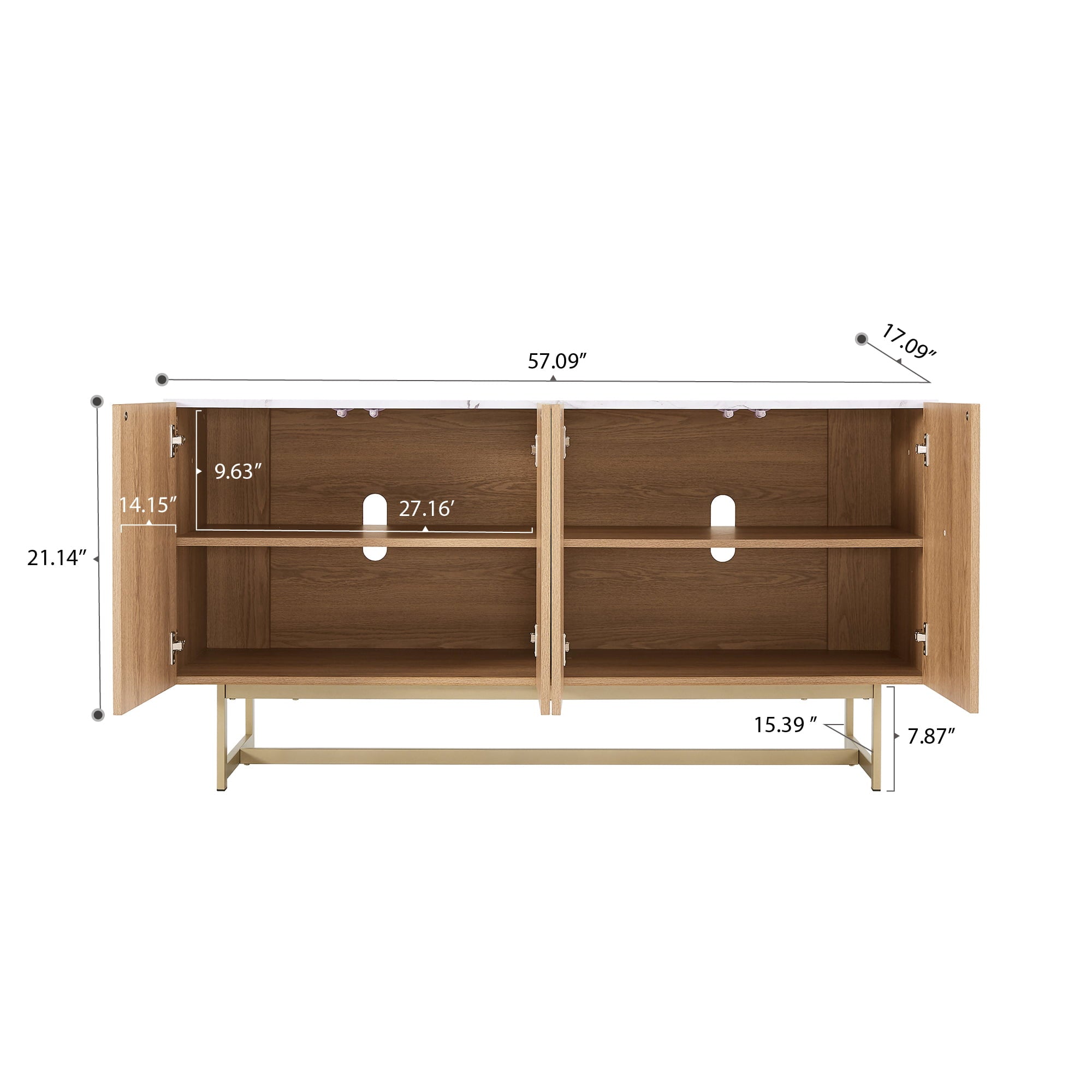 Roomfitters 57” Mid Century Modern TV Stand, Herringbone Pattern Buffet Cabinet Sideboard Credenza, Marble Top Media Console Entertainment Center for Living Room, Entryway (Oak Wood, Gold Metal Legs)