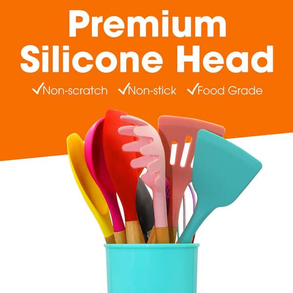 12 Piece Multicolor Silicone Spatula Set with Wooden Handles - Non-Stick Silicone Utensils for Cooking