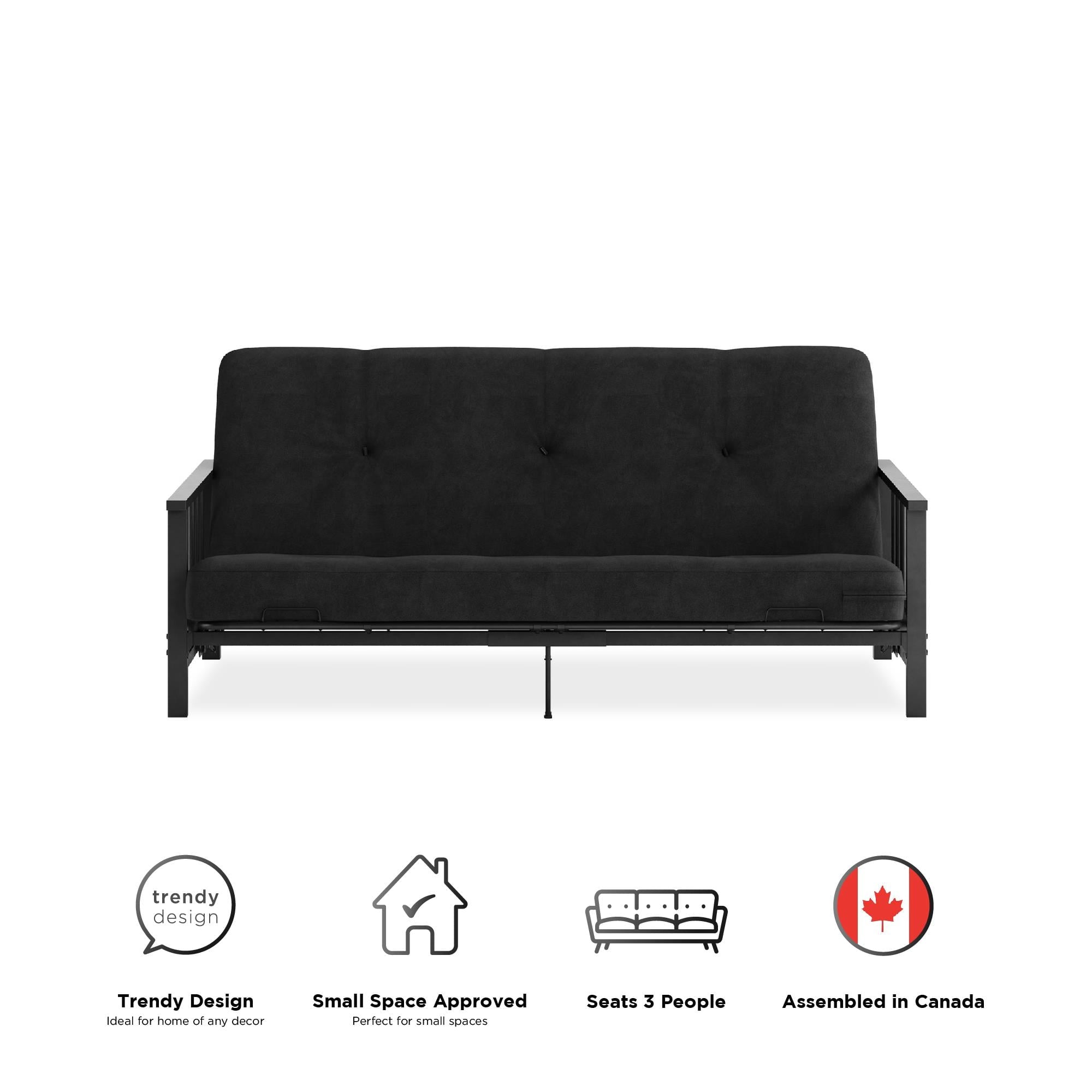 DHP Harlow Full Metal Arm Futon with 6â Thermobonded High Density Polyester Fill Black Microfiber Mattress