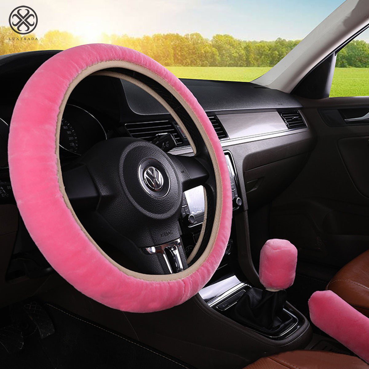 Luxtrada Universal 3Pcs/Set Woolen Winter Soft Warm Fuzzy Steering Wheel Cover Long Plush Handbrake Car Accessory