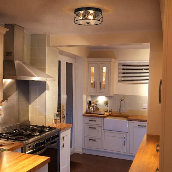 13 in. 3-Light Black Modern Farmhouse Foyer Flush Mount Ceiling Light with Clear Seeded Glass Shade and Cage Frame