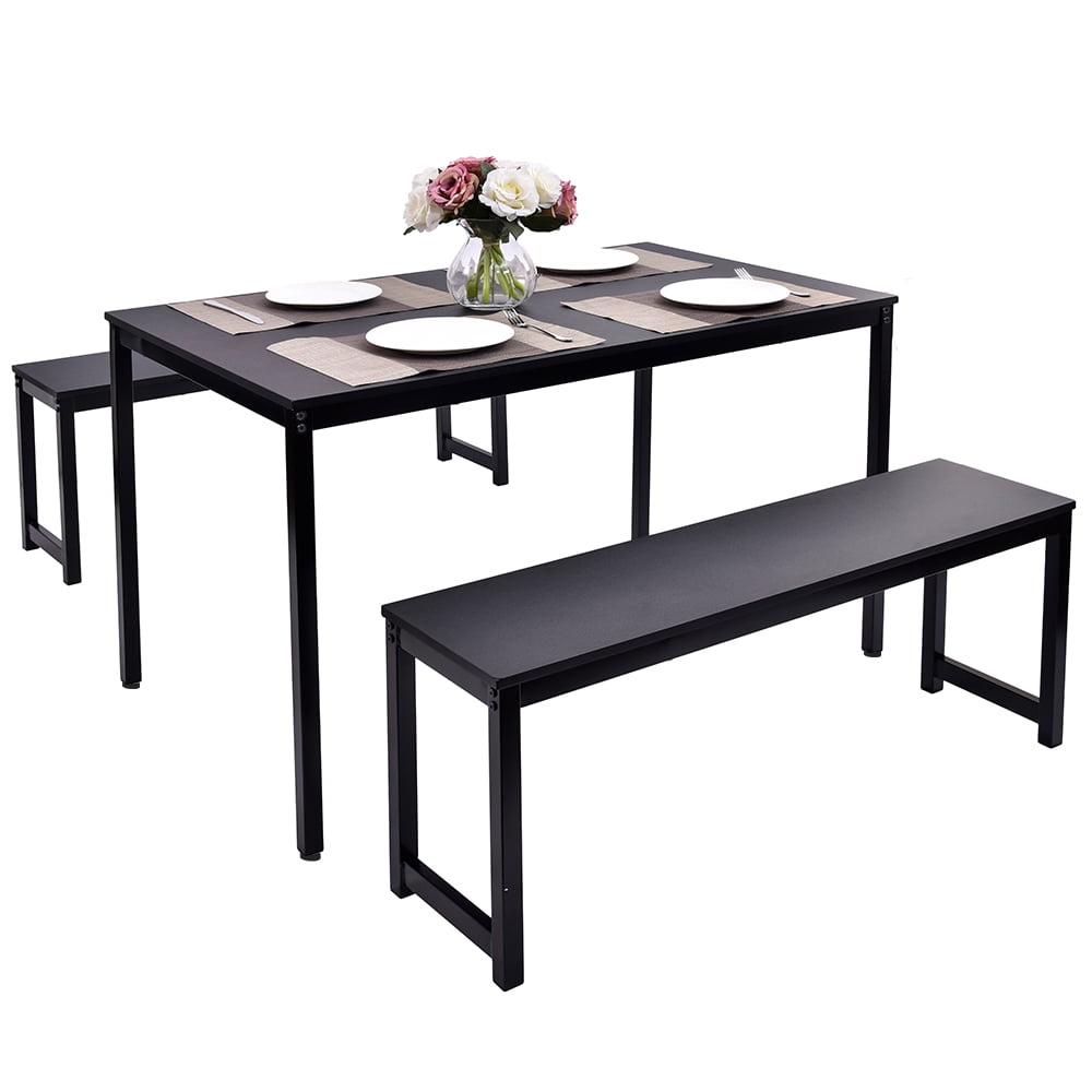 uhomepro Dining Room Table Set, 3-Piece Breakfast Nook Dining Table Set with Two Benches, Dining Room Table Set Kitchen Table Set with Metal Frame, Modern Furniture for Home Cafeteria, Black