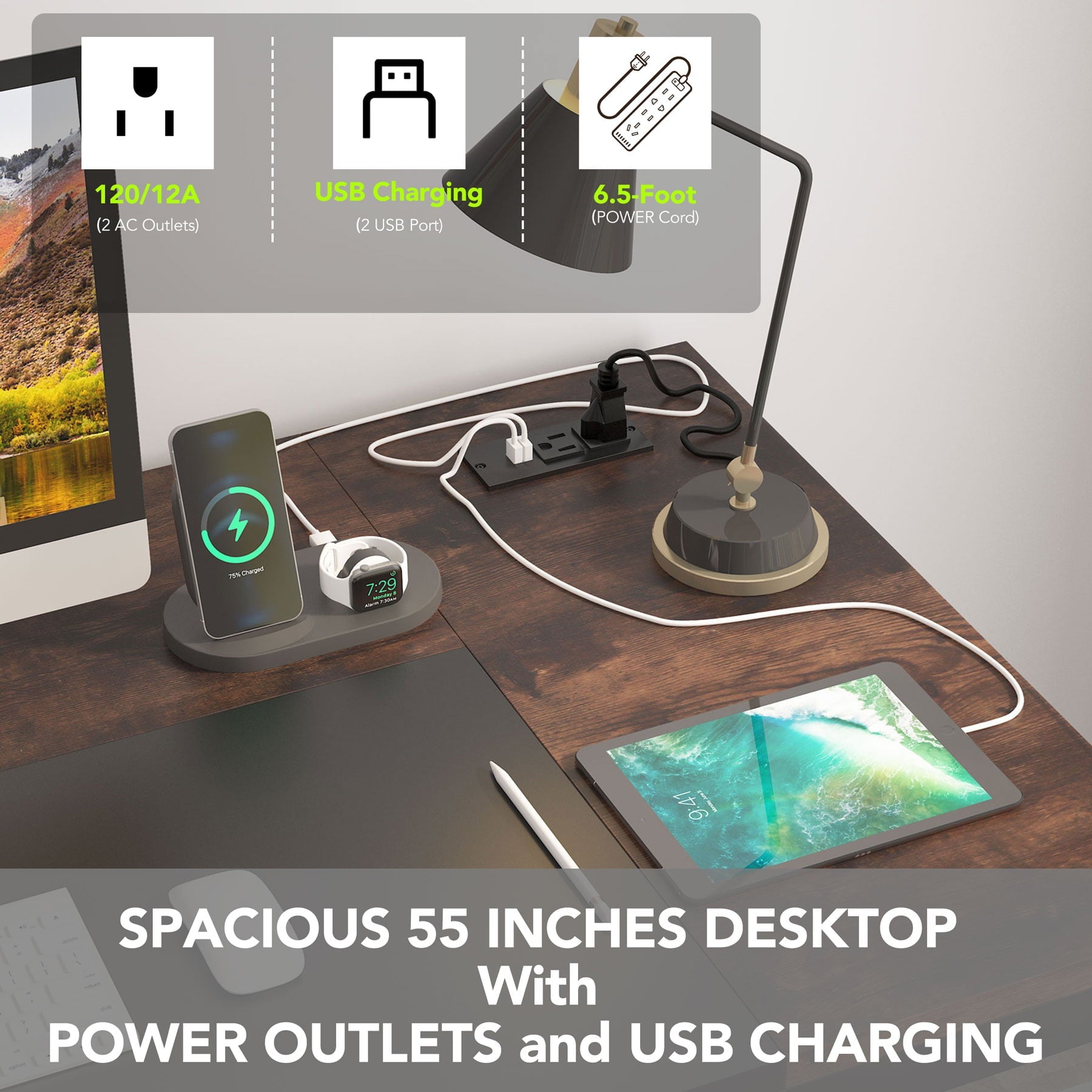 L-Shaped Computer Desk, 55 inches Executive Office Desk with File Cabinet and Power Outlet, Table Writing Desk with Drawers and Shelves, Business Furniture Set for Home Offices