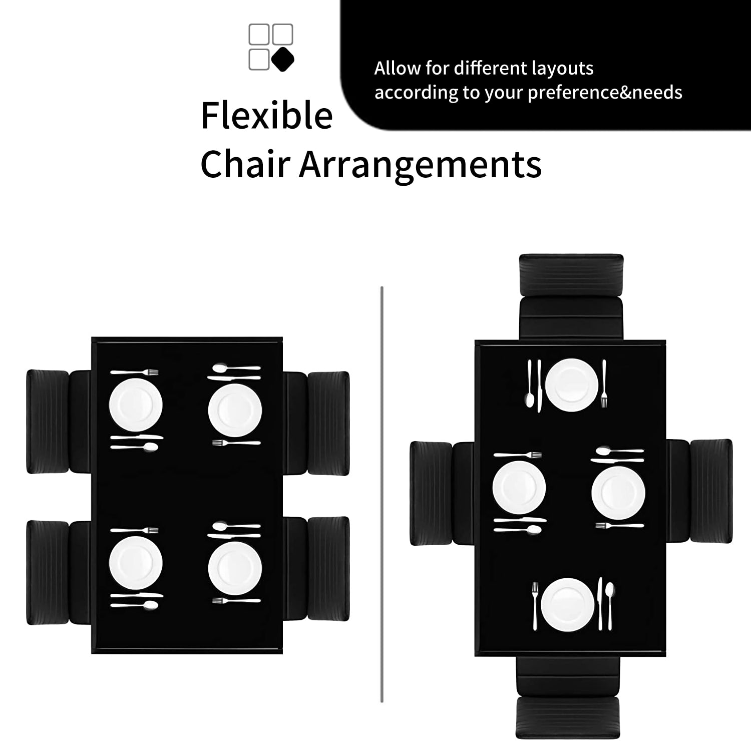 Dining Table Set for 4, 5 Piece Kitchen Table and Chairs with Black Tempered Glass Table Top and 4 Black Faux Leather Metal Frame Chairs,47.2