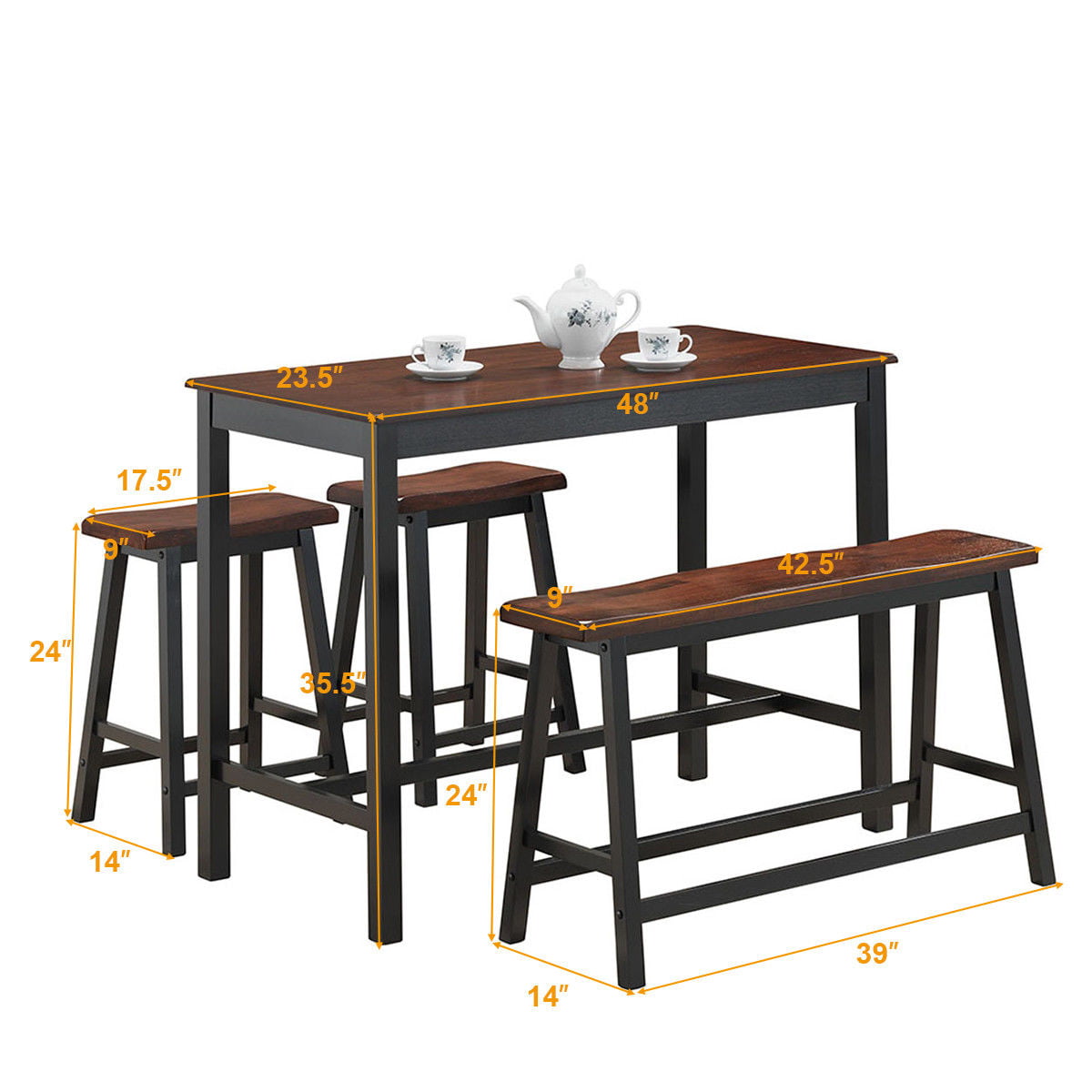 Costway 4 Pcs Solid Wood Counter Height Table Set w/ Height Bench & Two Saddle Stools Brown