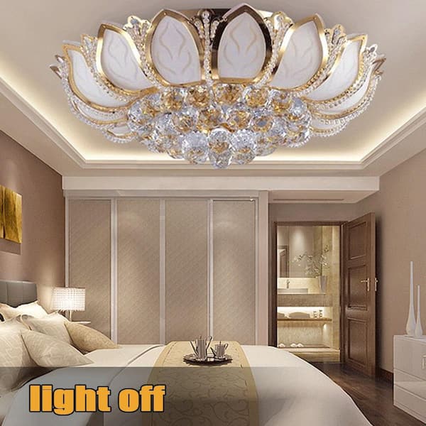 23 in. 7-Light Modern Gold Lotus Flower Shape Flush Mount Ceiling Lamp with Remote Control