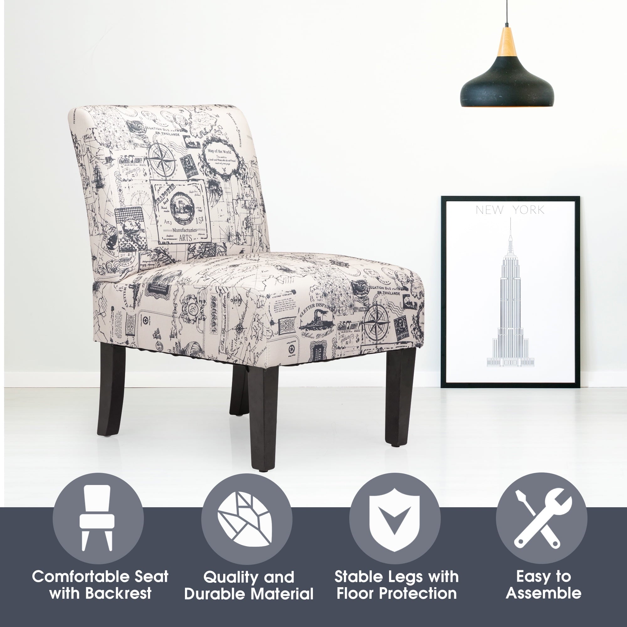 Jaxpety Armless Accent Leisure Chair, Slipper Chair Upholstered Single Sofa, Gray Letter Print