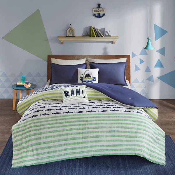 Aaron 5-Piece Green/Navy Full/Queen Shark Cotton Comforter Set