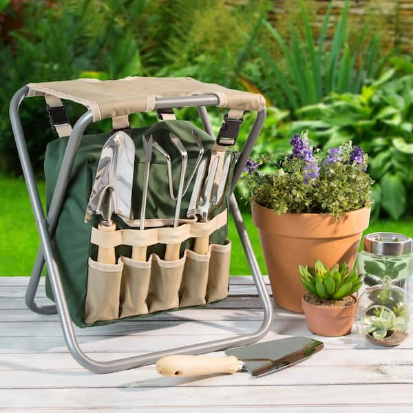 Folding Garden Stool with Tool Bag Plus 5 Garden Tools