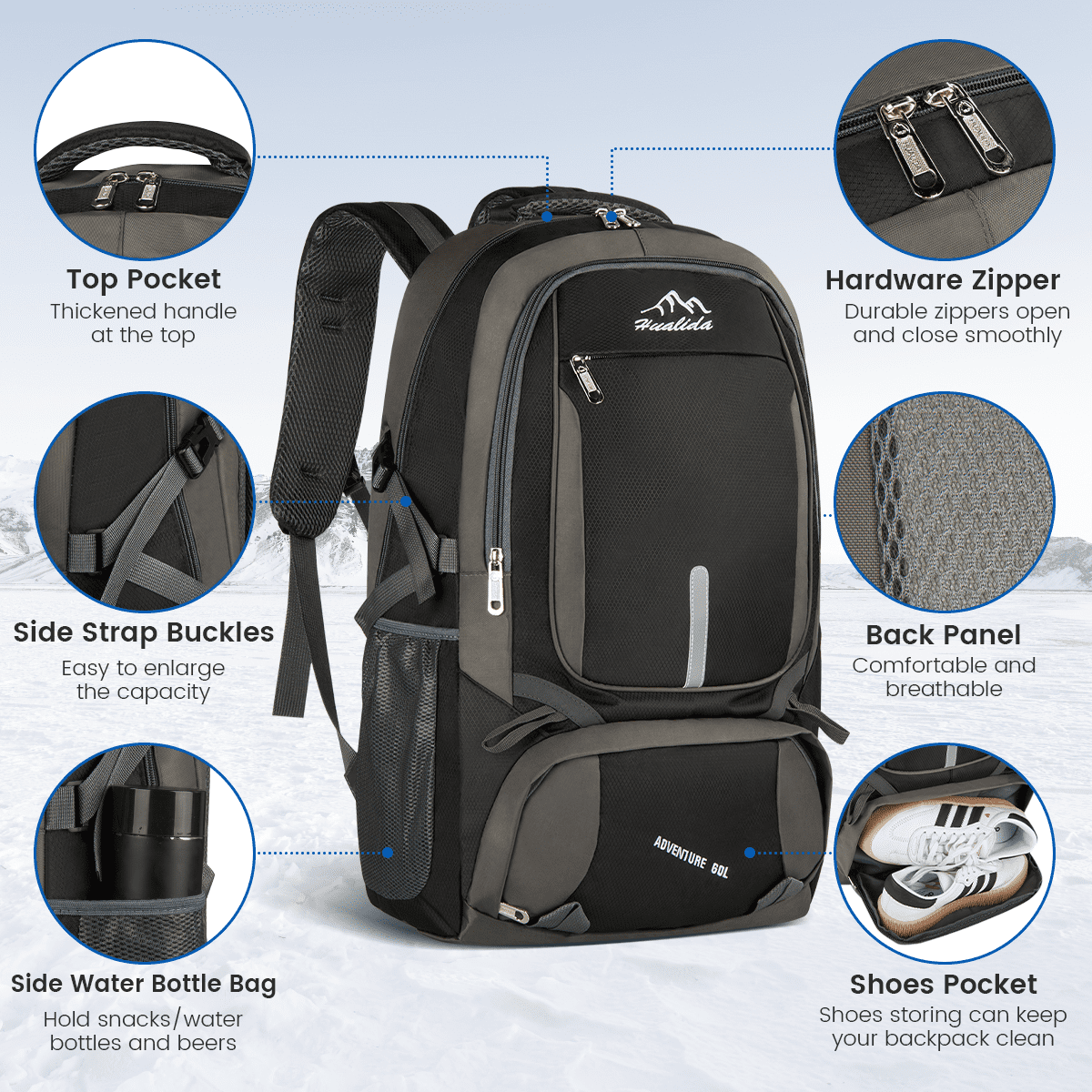 60L Hiking Backpack with Shoes Compartment, Lightweight Travel Daypack, Waterproof & Tear Resistant, Outdoor Sport Large Capacity Rucksack for Men Women Climbing, Camping, Touring, Hiking, Travel