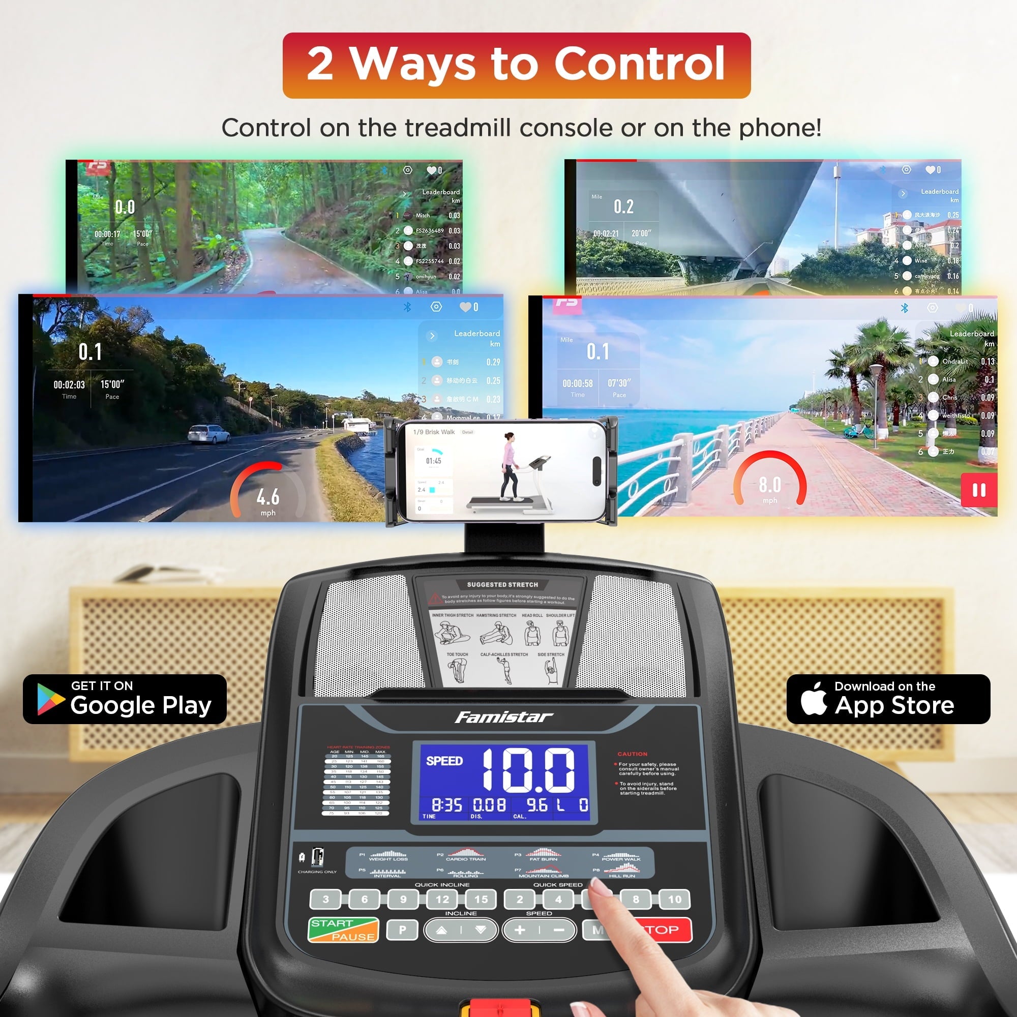 Famistar 4.5HP Folding Treadmill Clearance for Home with 15 Auto Incline, Smart APP, 300lbs, HiFi Bluetooth Speakers, 64 Programs, 10MPH Speed, Foldable EleTreadmill Running Machine, Knee Strap Gift