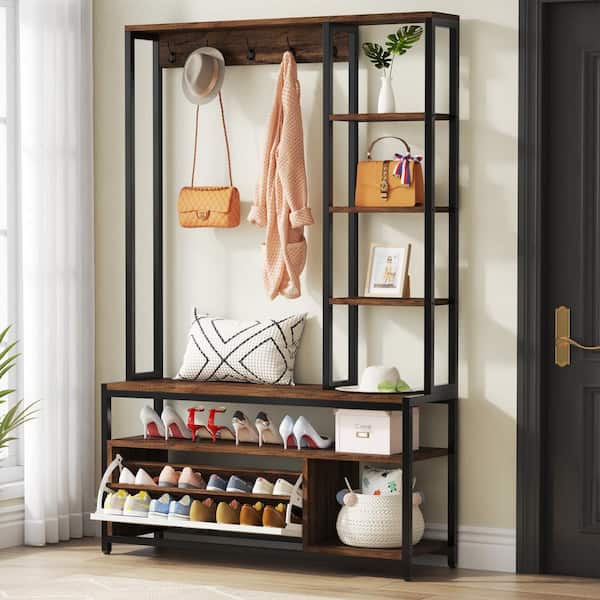 Brown Hall Tree with Hidden Shoe Cabinet, Coat Racks, Shoe Bench and Storage Shelves for Entryway, Closet