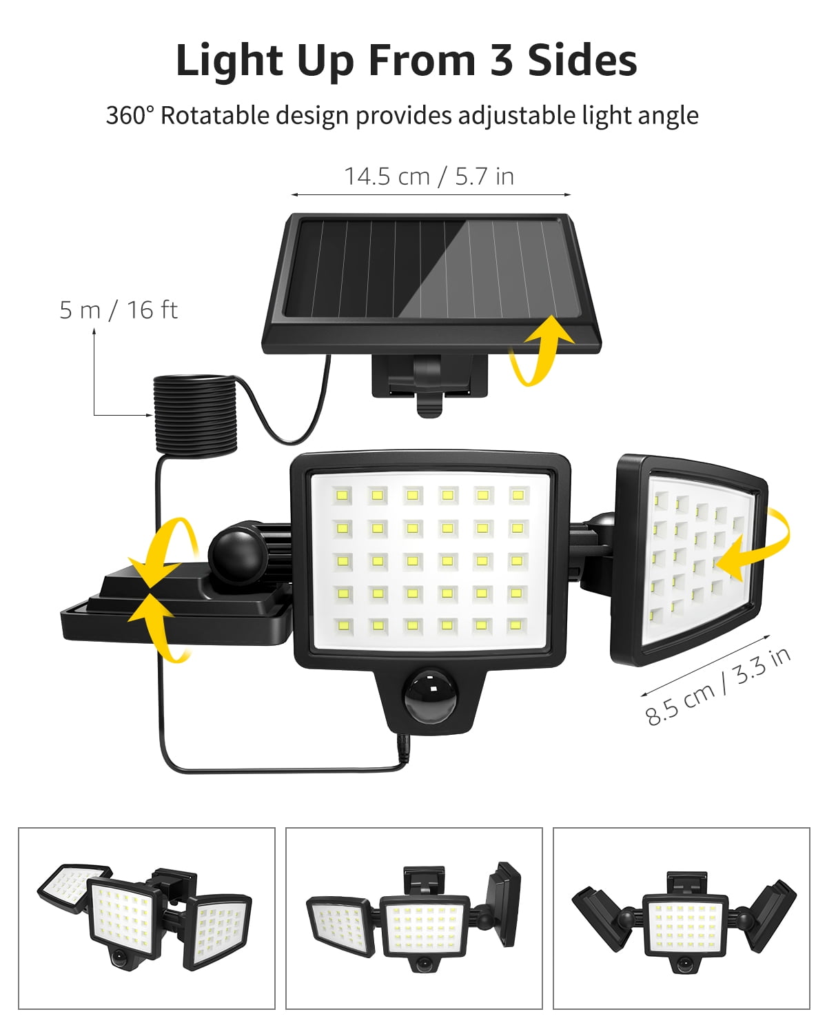 Lepro Solar Lights for Outside, WL5000 Motion Activated Security Lights, Separate Solar Panel, 3 Adjustable Head 270° Wide Lighting Angle, IP65 Waterproof Wall Lamp for Porch Yard Garage