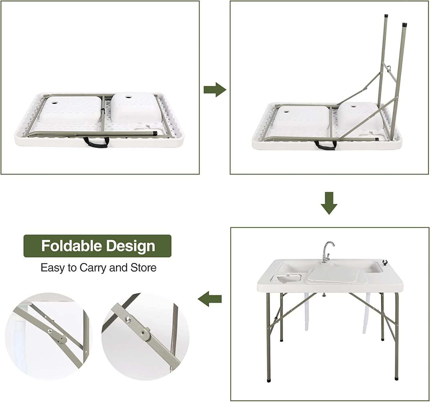 Folding Fish Cleaning Table, Outdoor Camping Sink Station with Sink & Faucet Drainage Hoses, Portable Camping Sink Table for Beach Fishing Patio Picnic