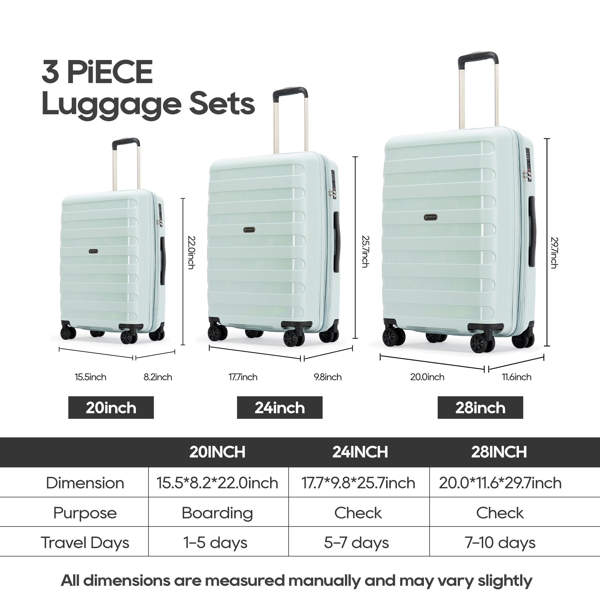 Ginza Travel 3 Piece Hardside Expandable Luggage Sets,PP Hard Luggage with Spinner Wheels,Azure Water