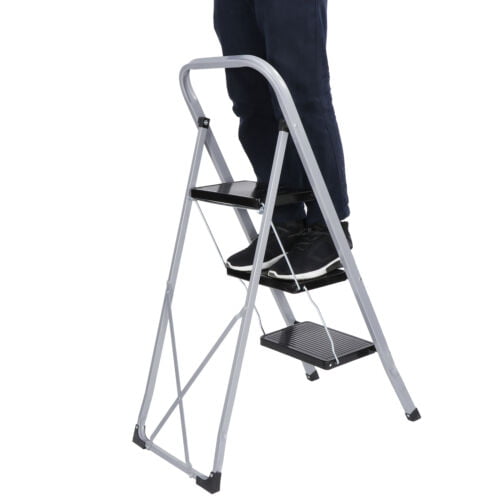 ZENSTYLE 3 Step Ladder Folding Step Stool 330lb Capacity Sturdy Steel Frame, Silver and Black