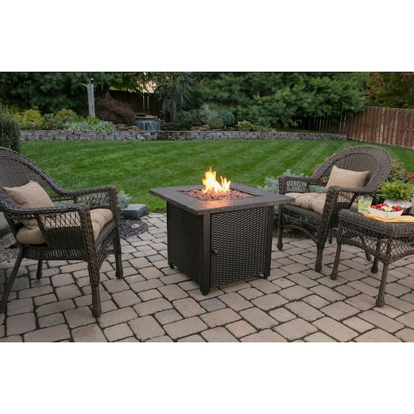 30 in. W Bronze Finish Steel Base Faux Slate Mantel LP Gas Fire Pit with Electronic Igition and Lava Rocks